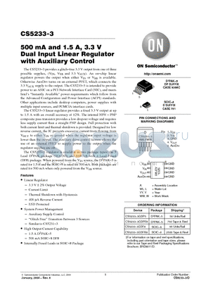 CS5233-3GDP5 datasheet - 500 mA and 1.5 A, 3.3 V Dual Input Linear Regulator with Auxiliary Control