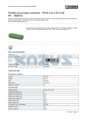 1808572 datasheet - Printed-circuit board connector - FKCS 2,5/ 3-ST-5,08-RF - 1808572