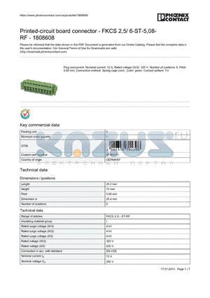 1808608 datasheet - Printed-circuit board connector - FKCS 2,5/ 6-ST-5,08-RF - 1808608