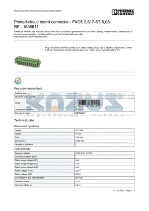 1808611 datasheet - Printed-circuit board connector - FKCS 2,5/ 7-ST-5,08-RF - 1808611