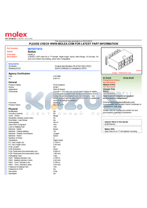 87427-1812 datasheet - 4.20mm (.165) Mini-Fit Jr. Header, Right Angle, Nylon, with Flange, 18 Circuits, Tin (Sn) over Nickel (Ni) Plating, Glow Wire Compatible