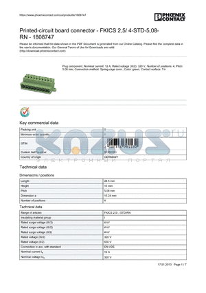 1808747 datasheet - Printed-circuit board connector - FKICS 2,5/ 4-STD-5,08-RN - 1808747