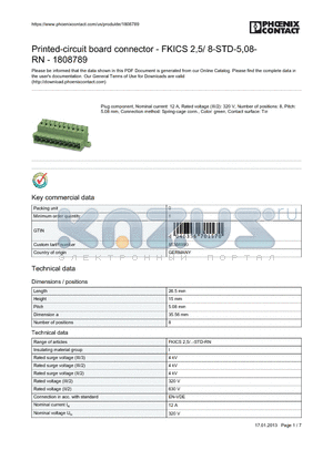 1808789 datasheet - Printed-circuit board connector - FKICS 2,5/ 8-STD-5,08-RN - 1808789