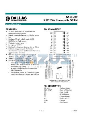 DS1230W-100 datasheet - 3.3V 256k Nonvolatile SRAM