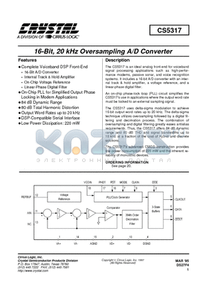 CS5317-KP datasheet - 16-Bit, 20 kHz Oversampling A/D Converter