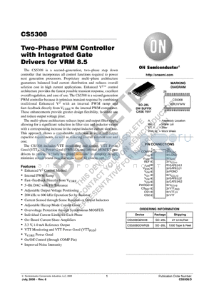 CS5308 datasheet - Two−Phase PWM Controller with Integrated Gate Drivers for VRM 8.5