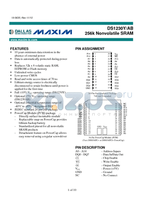 DS1230Y_10 datasheet - 256k Nonvolatile SRAM