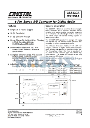 CS5330A datasheet - 8-Pin, Stereo A/D Converter for Digital Audio