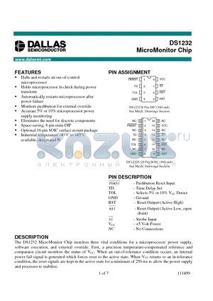 DS1232 datasheet - MicroMonitor Chip