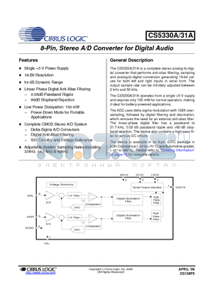 CS5330A-KSZ datasheet - 8-Pin, Stereo A/D Converter for Digital Audio