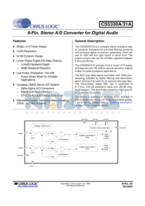 CS5330A-KSZR datasheet - 8-Pin, Stereo A/D Converter for Digital Audio