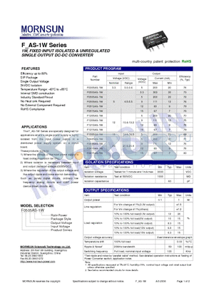 F1205AS-1W datasheet - SINGLE OUTPUT DC-DC CONVERTER