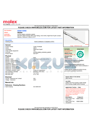 33011-2002 datasheet - MX150 Male Terminal, Silver (Ag) Plating, 16-20 AWG, Right Reel Payoff, ContactMaterial Thickness 0.30mm (.012