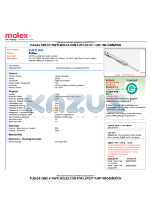 33011-1002 datasheet - MX150 Male Terminal, Gold (Au) Plating, 14 AWG, Right Reel Payoff, ContactMaterial Thickness 0.30mm (.012