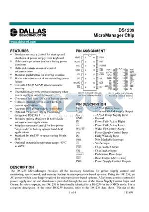 DS1239 datasheet - MicroManager Chip