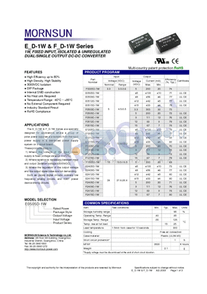 F1212D-1W datasheet - DUAL/SINGLE OUTPUT DC-DC CONVERTER