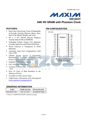 DS1243Y datasheet - 64K NV SRAM with Phantom Clock