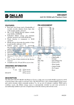 DS1243Y-120 datasheet - 64K NV SRAM with Phantom Clock