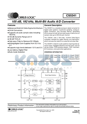 CS5341-DZZ datasheet - 105 dB, 192 kHz, MULTI-BIT AUDIO A/D CONVERTER