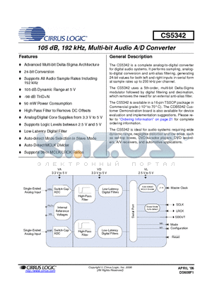 CS5342_06 datasheet - 105 dB, 192 kHz, Multi-bit Audio A/D Converter