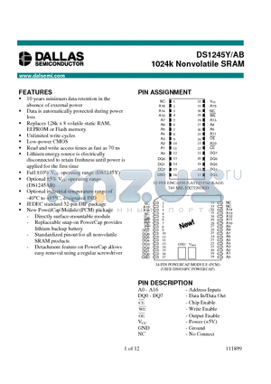 DS1245 datasheet - 1024k Nonvolatile SRAM