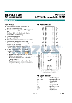 DS1245W-150-IND datasheet - 3.3V 1024k Nonvolatile SRAM