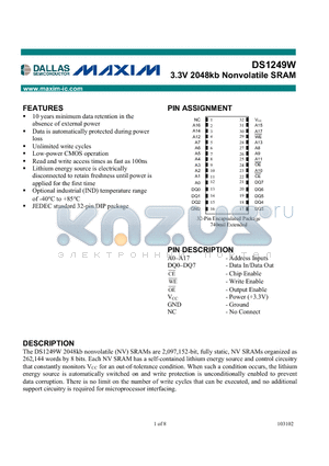 DS1249W datasheet - 3.3V 2048kb Nonvolatile SRAM