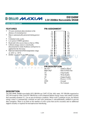 DS1249W-100 datasheet - 3.3V 2048kb Nonvolatile SRAM