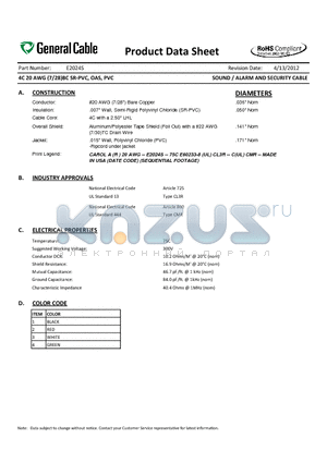 E2024S datasheet - 4C 20 AWG (7/28)BC SR-PVC, OAS, PVC SOUND / ALARM AND SECURITY CABLE