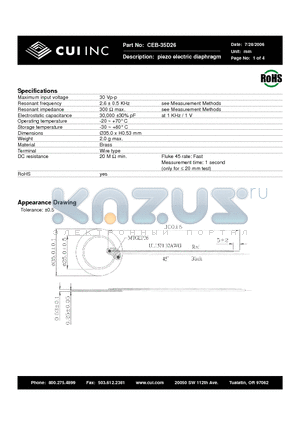 CEB-35D26 datasheet - piezo electric diaphragm