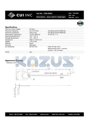 CEB-20D64 datasheet - piezo electric diaphragm