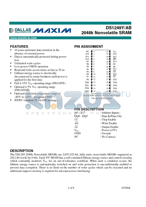 DS1249Y datasheet - 2048k Nonvolatile SRAM