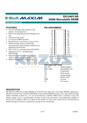 DS1249Y100 datasheet - 2048k Nonvolatile SRAM