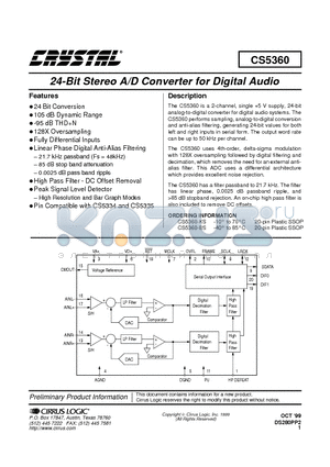 CS5360 datasheet - 24-Bit Stereo A/D Converter for Digital Audio