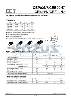 CEB02N7 datasheet - N-Channel Enhancement Mode Field Effect Transistor