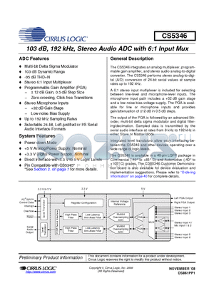 CS5346-DQZ datasheet - 103 dB, 192 kHz, Stereo Audio ADC with 6:1 Input Mux