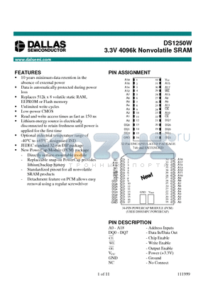 DS1250WP-150 datasheet - 3.3V 4096k Nonvolatile SRAM