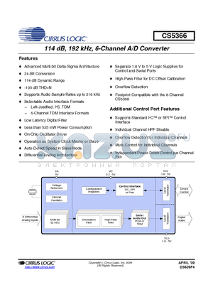 CS5366 datasheet - 114 dB, 192 kHz, 6-Channel A/D Converter