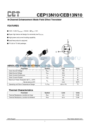 CEB13N10 datasheet - N-Channel Enhancement Mode Field Effect Transistor
