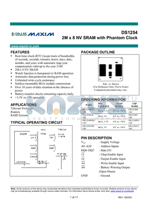 DS1254 datasheet - 2M x 8 NV SRAM with Phantom Clock