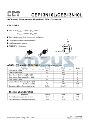 CEB13N10L datasheet - N-Channel Enhancement Mode Field Effect Transistor