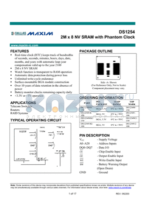 DS1254WB-150 datasheet - 2M x 8 NV SRAM with Phantom Clock