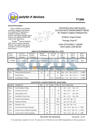 F1260 datasheet - PATENTED GOLD METALIZED SILICON GATE ENHANCEMENT MODE RF POWER VDMOS TRANSISTOR