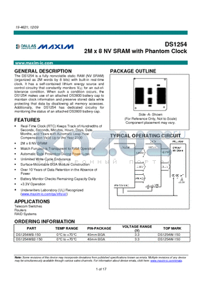 DS1254WB2-150 datasheet - 2M x 8 NV SRAM with Phantom Clock