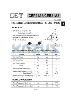 CEB21A3 datasheet - N-Channel Logic Level Enhancement Mode Field Effect Transistor