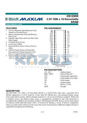 DS1258W-150-IND datasheet - 3.3V 128k x 16 Nonvolatile