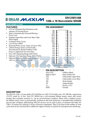 DS1258Y-100-IND datasheet - 128k x 16 Nonvolatile SRAM