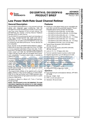 DS125DF410 datasheet - Low Power Multi-Rate Quad Channel Retimer