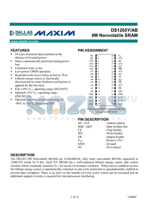 DS1265AB datasheet - 8M Nonvolatile SRAM