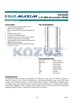 DS1265W-150-IND datasheet - 3.3V 8Mb Nonvolatile SRAM